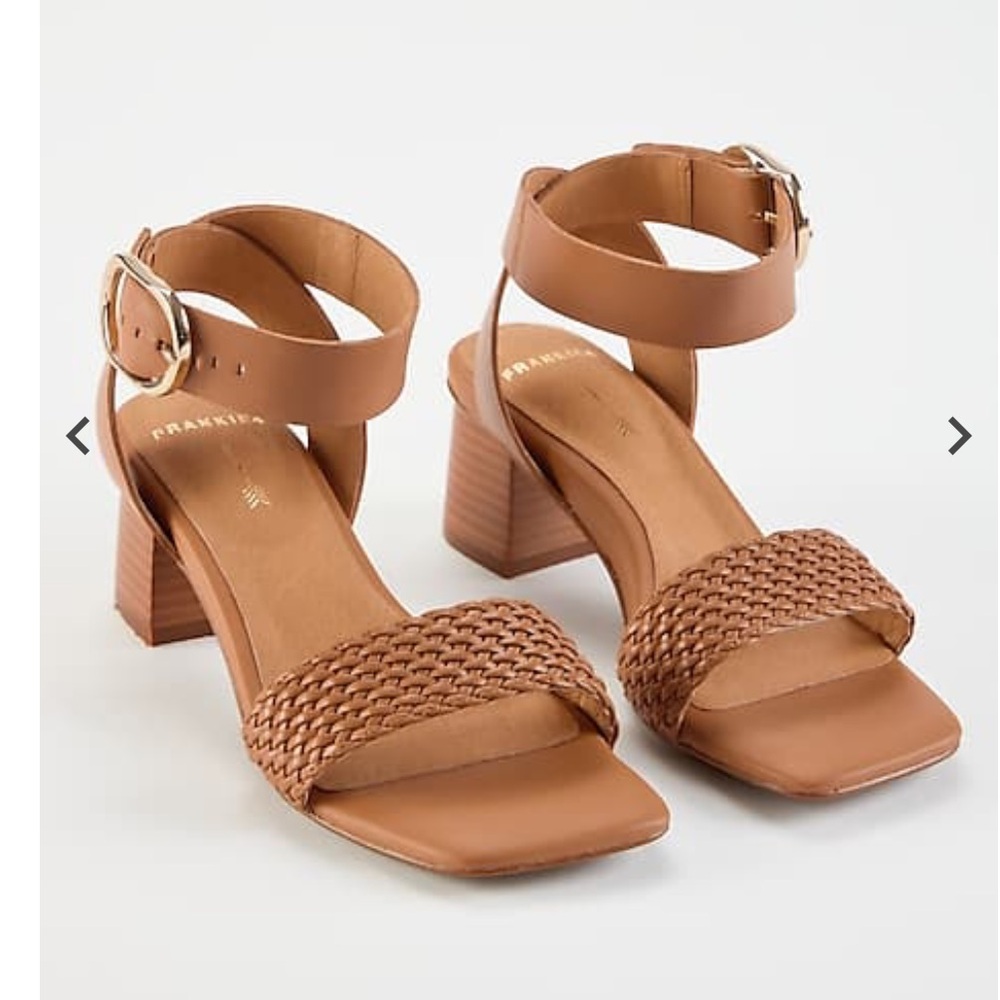Woven Strap Ankle Buckle Block Heel Sandals - Brown